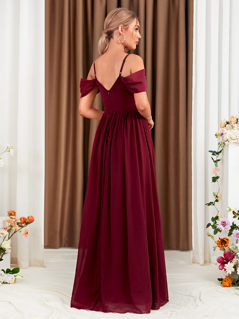 Robe Mousseline Soie Bordeaux Pour Femmes Épaules Dénudées Croisée Fente Haute Robes Longues Bal - Bourgogne