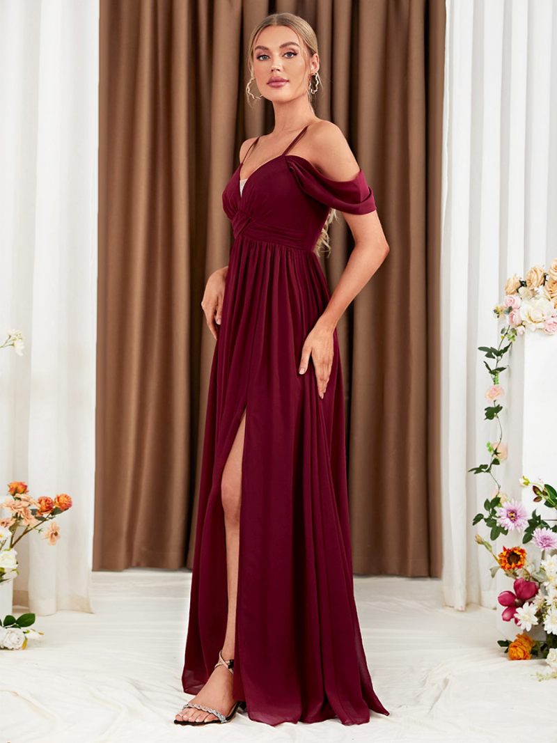 Robe Mousseline Soie Bordeaux Pour Femmes Épaules Dénudées Croisée Fente Haute Robes Longues Bal - Bourgogne