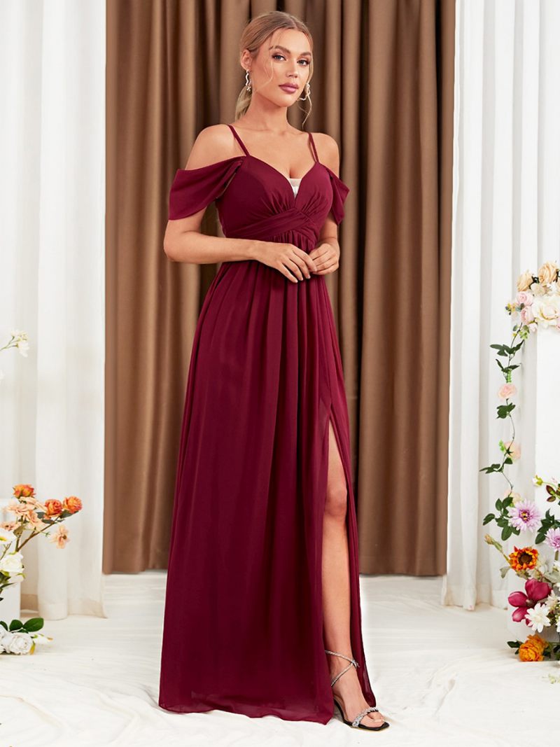 Robe Mousseline Soie Bordeaux Pour Femmes Épaules Dénudées Croisée Fente Haute Robes Longues Bal - Bourgogne