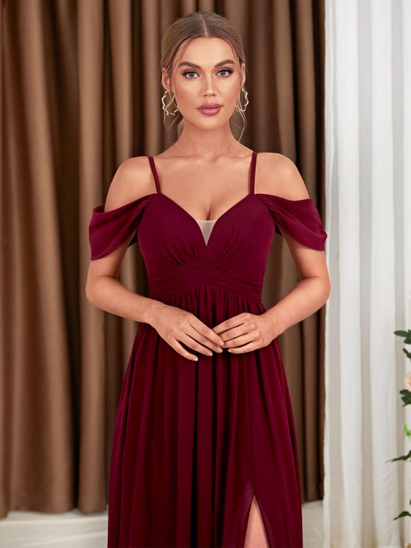 Robe Mousseline Soie Bordeaux Pour Femmes Épaules Dénudées Croisée Fente Haute Robes Longues Bal - Bourgogne