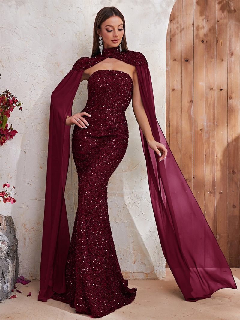 Robe À Paillettes Bordeaux Pour Femmes Manches Cape Découpe Col Haut Robes Longues Bal