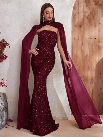 Robe À Paillettes Bordeaux Pour Femmes Manches Cape Découpe Col Haut Robes Longues Bal