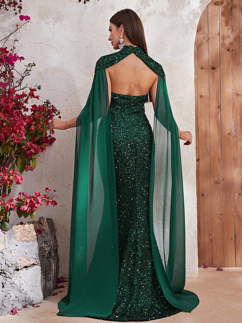 Robe À Paillettes Bordeaux Pour Femmes Manches Cape Découpe Col Haut Robes Longues Bal - Vert Foncé