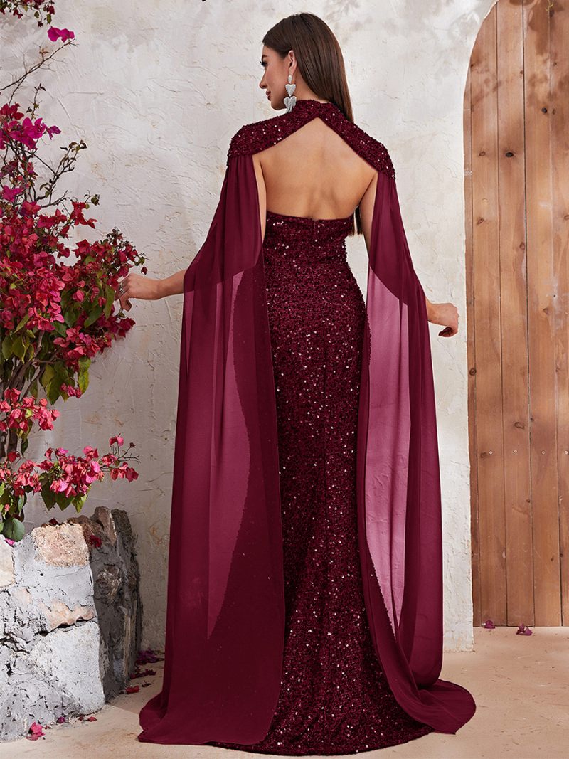 Robe À Paillettes Bordeaux Pour Femmes Manches Cape Découpe Col Haut Robes Longues Bal - Bourgogne