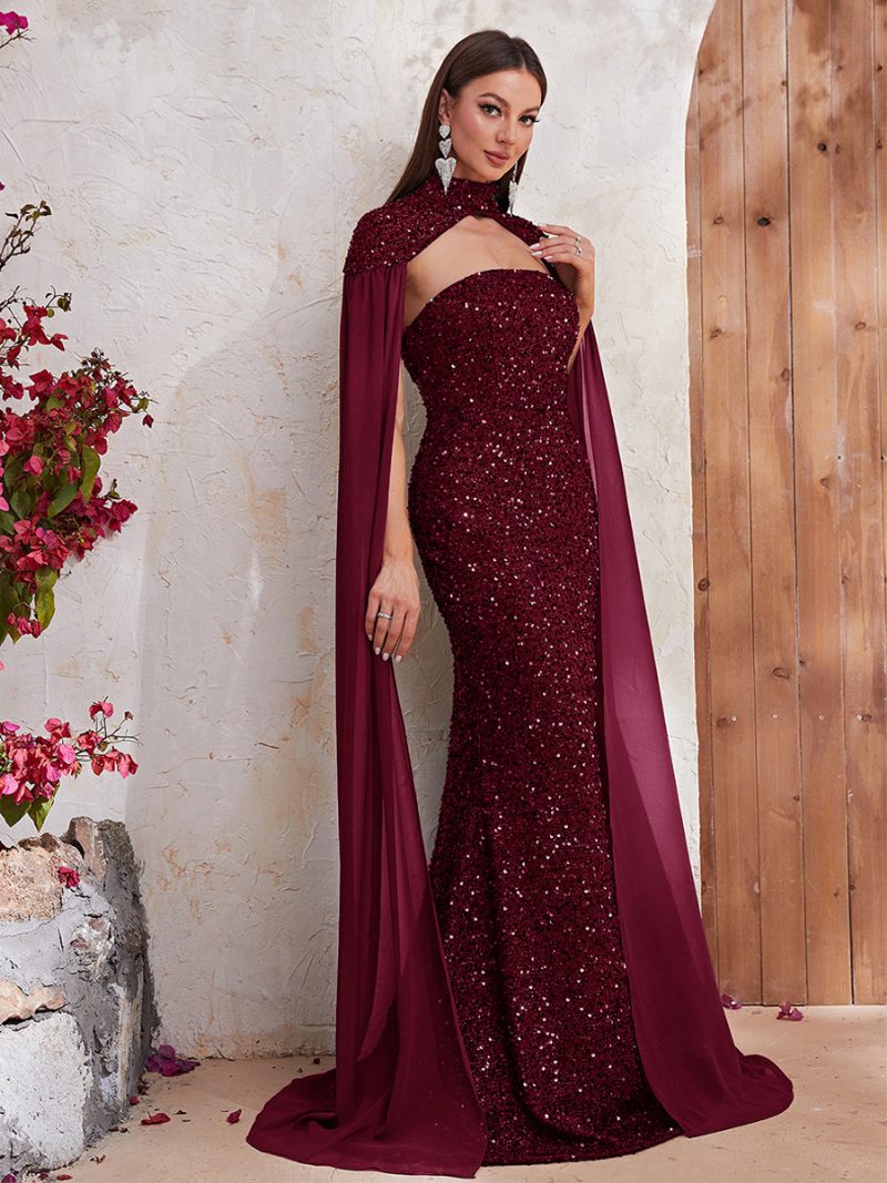 Robe À Paillettes Bordeaux Pour Femmes Manches Cape Découpe Col Haut Robes Longues Bal - Bourgogne