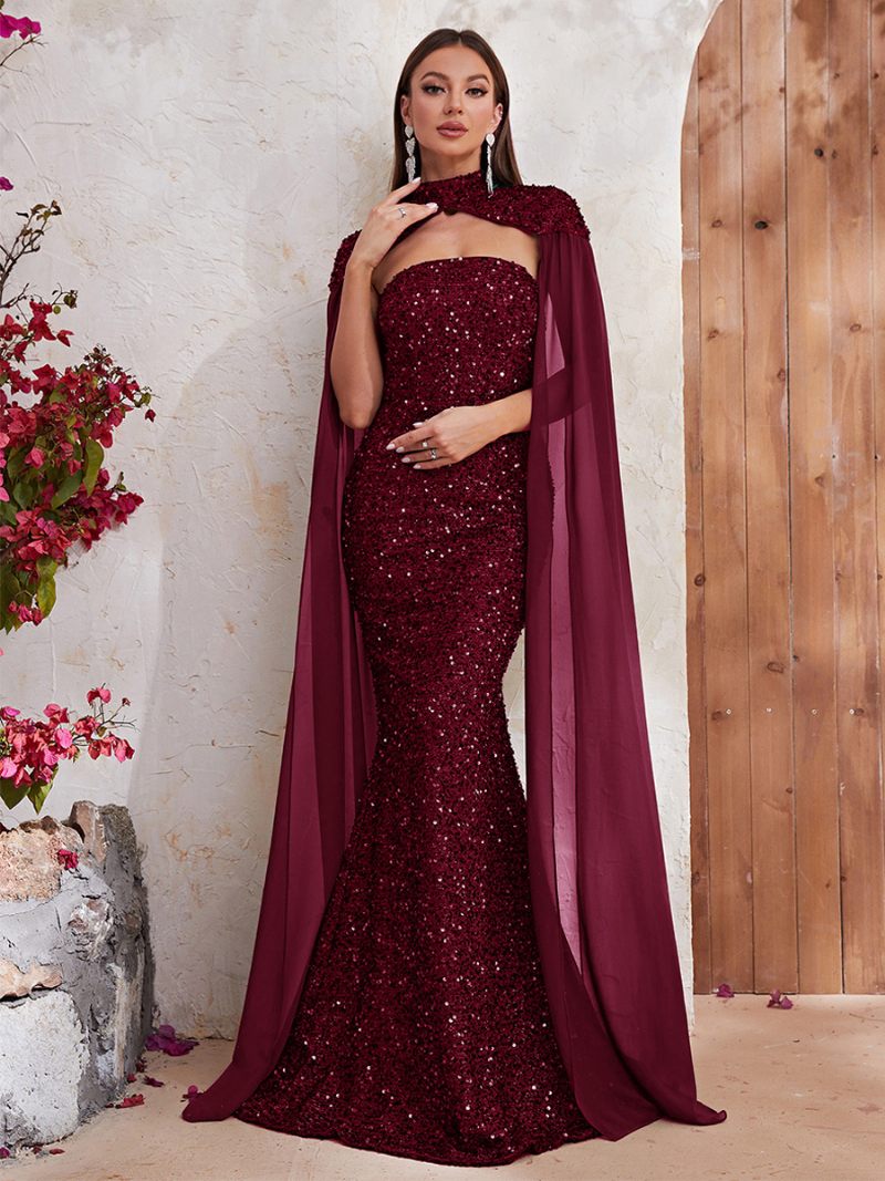 Robe À Paillettes Bordeaux Pour Femmes Manches Cape Découpe Col Haut Robes Longues Bal - Bourgogne