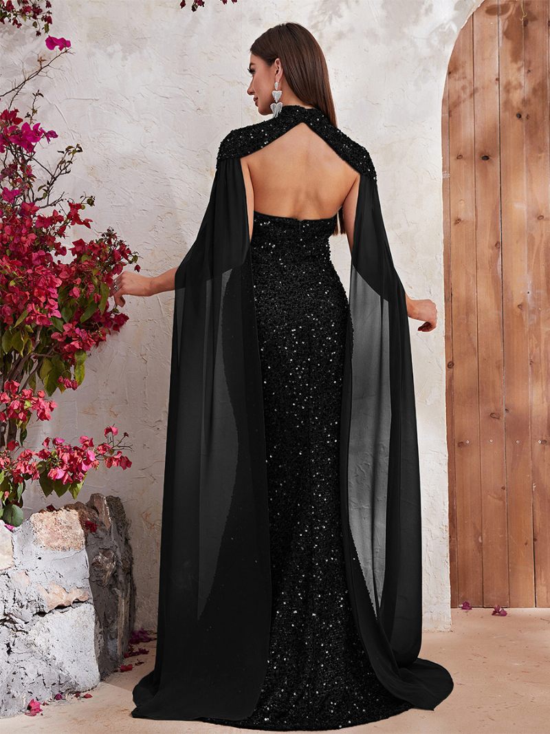 Robe À Paillettes Bordeaux Pour Femmes Manches Cape Découpe Col Haut Robes Longues Bal - Noir