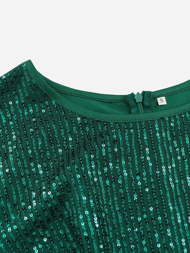 Robe À Paillettes Pour Femmes Col Rond Manches Courtes Robes Mi-longues Fête D'anniversaire - Vert