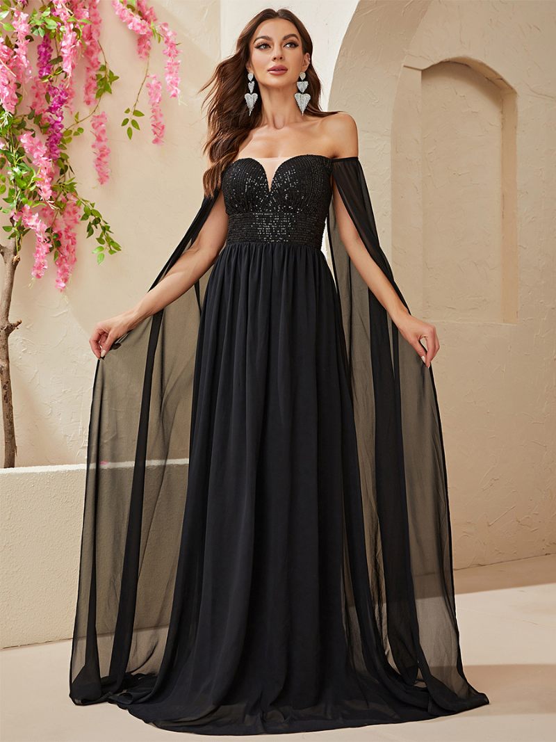 Robe À Paillettes Pour Femmes Épaules Dénudées Taille Empire Robes Longues Bal Noir