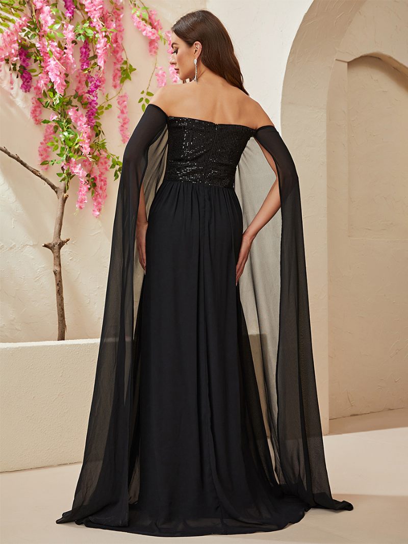 Robe À Paillettes Pour Femmes Épaules Dénudées Taille Empire Robes Longues Bal Noir - Noir