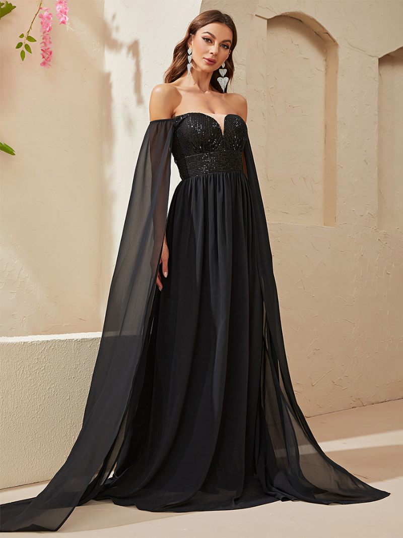 Robe À Paillettes Pour Femmes Épaules Dénudées Taille Empire Robes Longues Bal Noir - Noir