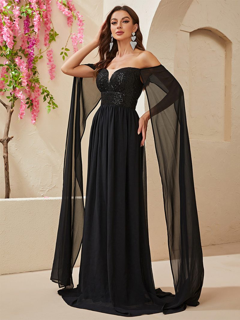 Robe À Paillettes Pour Femmes Épaules Dénudées Taille Empire Robes Longues Bal Noir - Noir