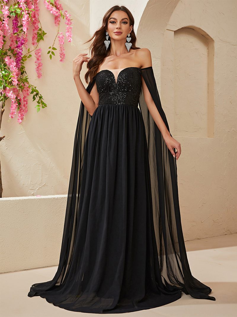 Robe À Paillettes Pour Femmes Épaules Dénudées Taille Empire Robes Longues Bal Noir - Noir