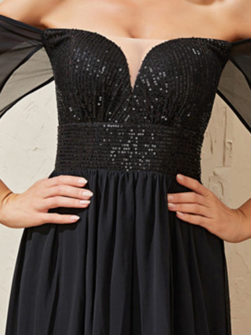 Robe À Paillettes Pour Femmes Épaules Dénudées Taille Empire Robes Longues Bal Noir - Noir