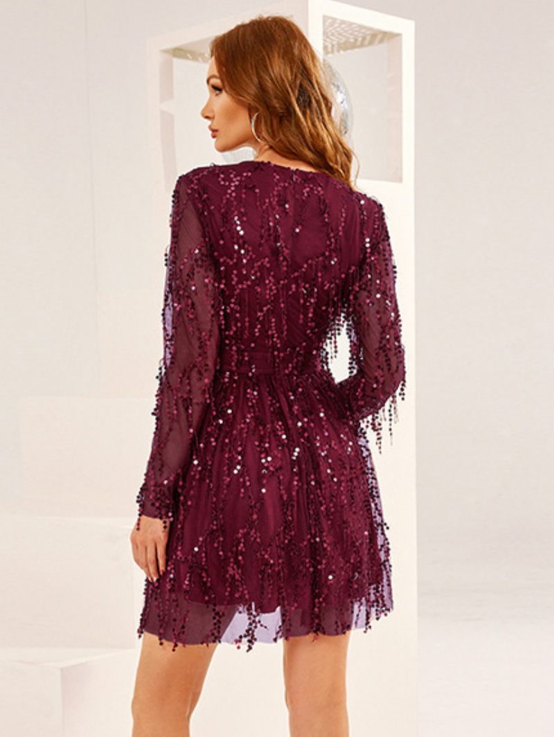 Robe À Paillettes Pour Femmes Manches Plongeantes Illusion Robes Courtes Soirée Coachella - Bourgogne