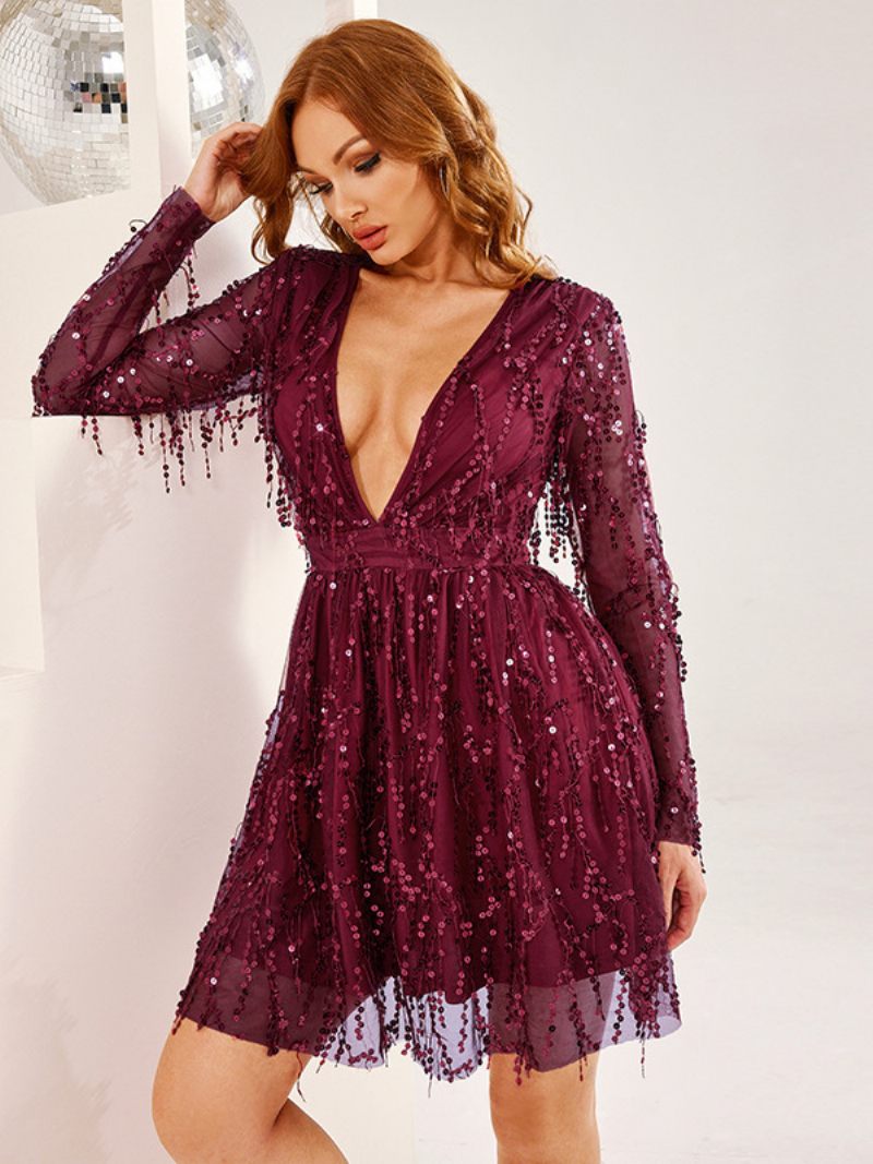 Robe À Paillettes Pour Femmes Manches Plongeantes Illusion Robes Courtes Soirée Coachella - Bourgogne