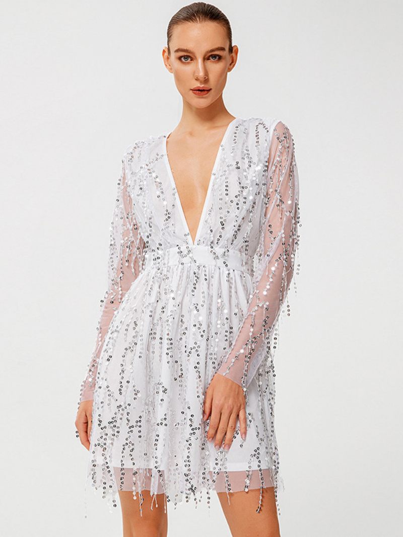 Robe À Paillettes Pour Femmes Manches Plongeantes Illusion Robes Courtes Soirée Coachella - Blanc