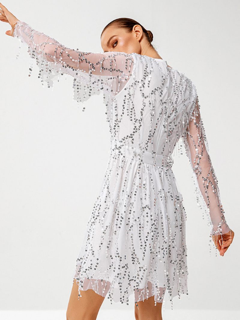 Robe À Paillettes Pour Femmes Manches Plongeantes Illusion Robes Courtes Soirée Coachella - Blanc