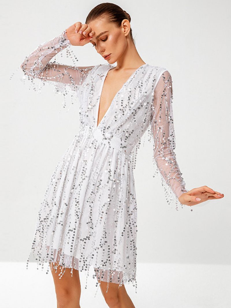 Robe À Paillettes Pour Femmes Manches Plongeantes Illusion Robes Courtes Soirée Coachella - Blanc