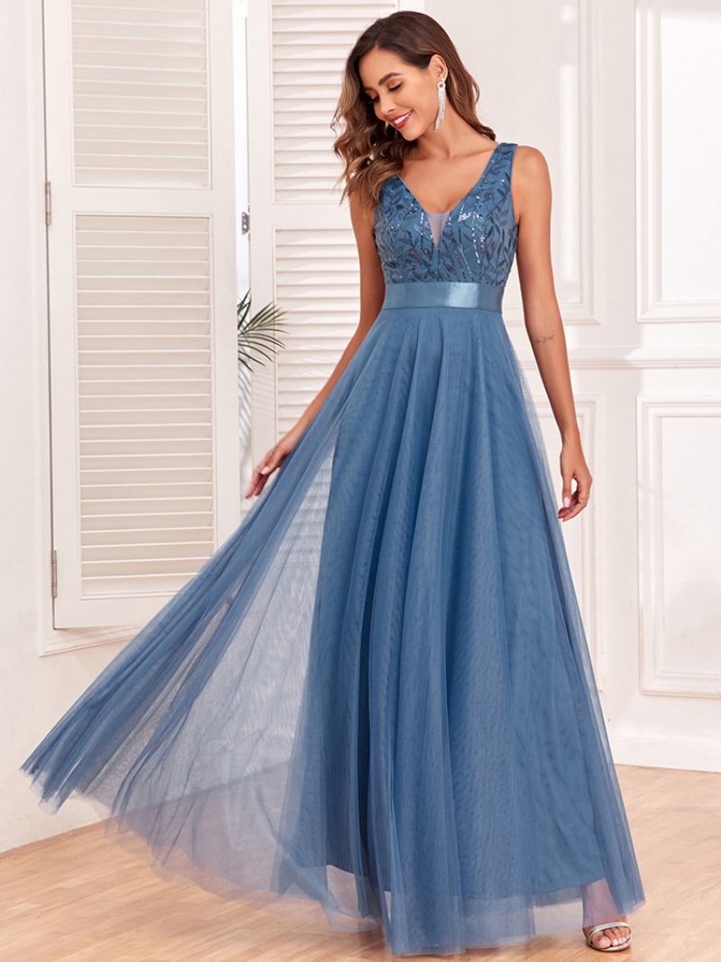 Robe À Paillettes Pour Femmes Sans Manches Taille Empire Ligne A Robes Bal Élégantes - Bleu