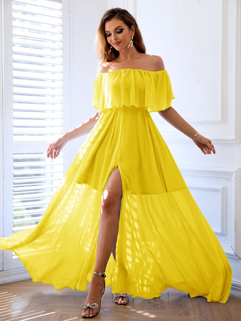 Robe Pliable Bleu Ciel Clair Pour Femmes Fente Haute Robes Longues Bal Élégantes - Jaune