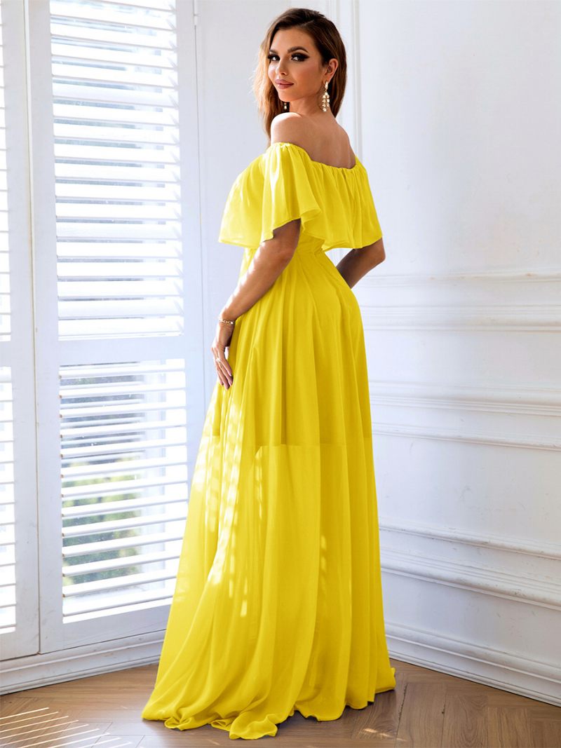 Robe Pliable Bleu Ciel Clair Pour Femmes Fente Haute Robes Longues Bal Élégantes - Jaune