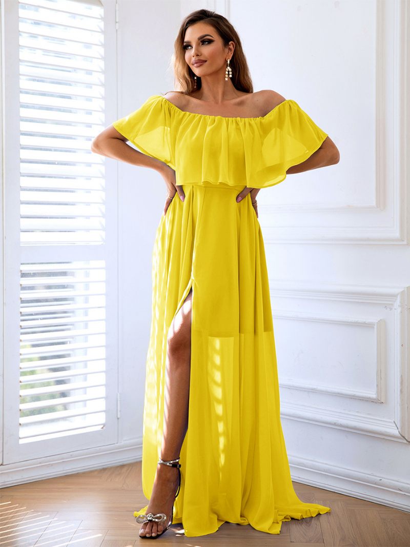 Robe Pliable Bleu Ciel Clair Pour Femmes Fente Haute Robes Longues Bal Élégantes - Jaune