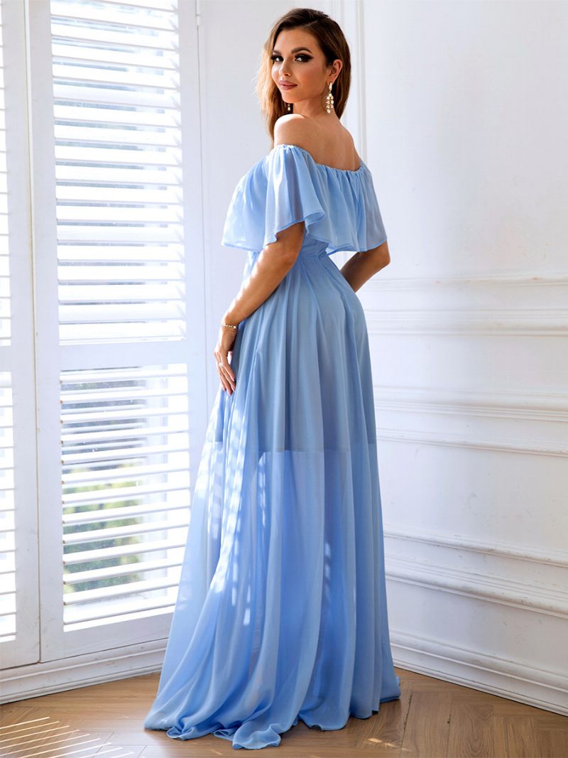 Robe Pliable Bleu Ciel Clair Pour Femmes Fente Haute Robes Longues Bal Élégantes - Bleu Ciel Clair