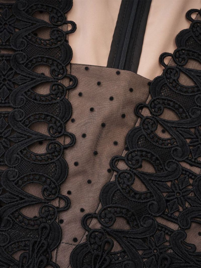 Robe À Pois Pour Femmes Dentelle Franges Col V Profond Manches Longues Robes Fendues Hautes - Noir