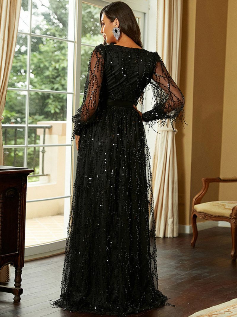 Robe Preals Plongeante Pour Femme Manches Illusion Fente Haute Bal Longue - Noir