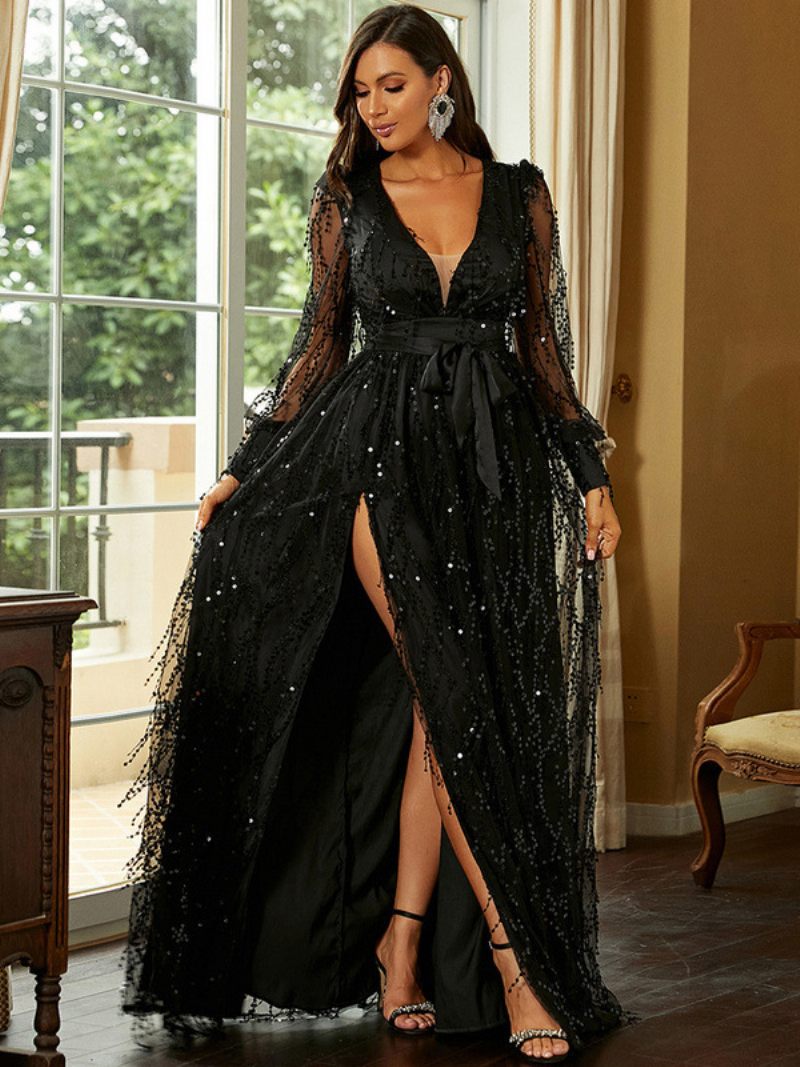 Robe Preals Plongeante Pour Femme Manches Illusion Fente Haute Bal Longue - Noir