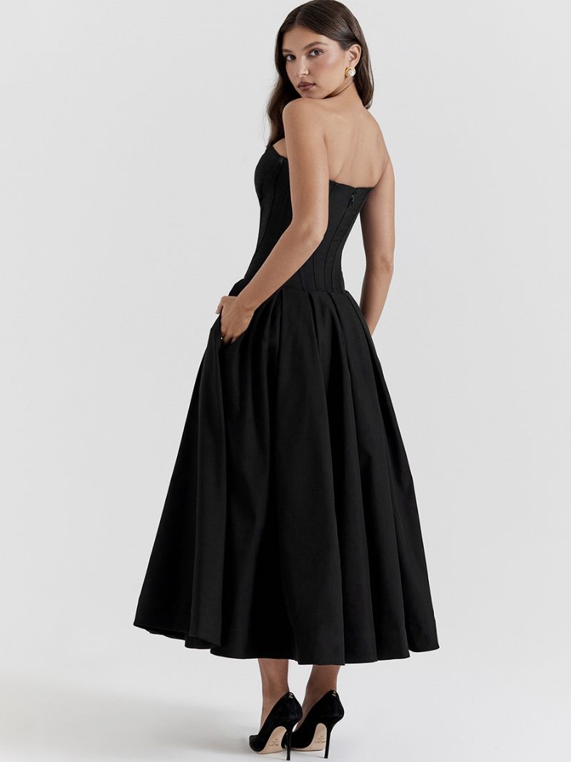 Robe Princesse Pour Femmes Corsage Plongeant Jupe Circulaire Complète Robes Bal Mi-longues - Noir