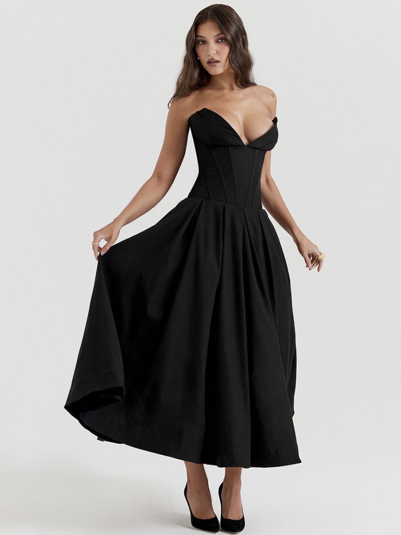 Robe Princesse Pour Femmes Corsage Plongeant Jupe Circulaire Complète Robes Bal Mi-longues - Noir