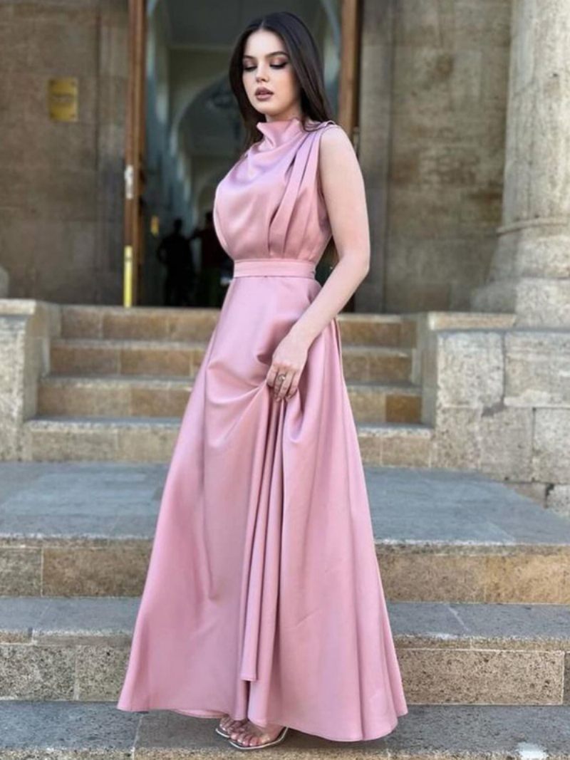 Robe Sans Manches Pour Femmes Ceinturée Plissée Robes Longues Bal Couleur Unie - Rose