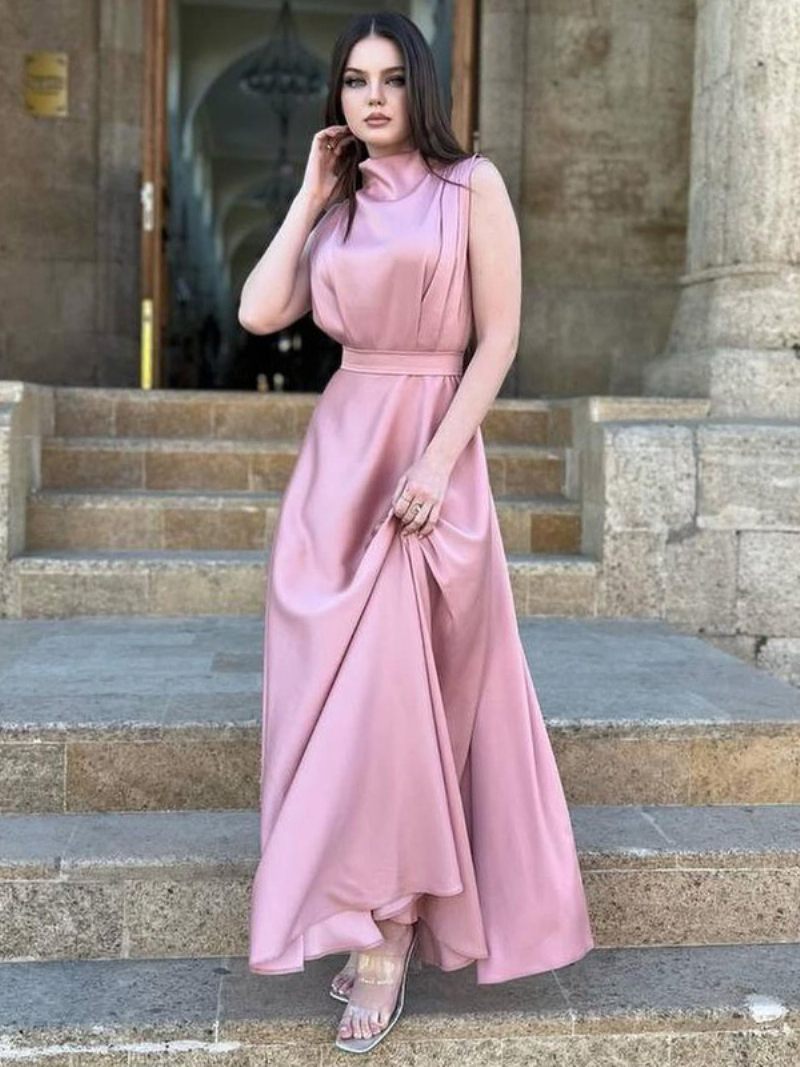 Robe Sans Manches Pour Femmes Ceinturée Plissée Robes Longues Bal Couleur Unie - Rose