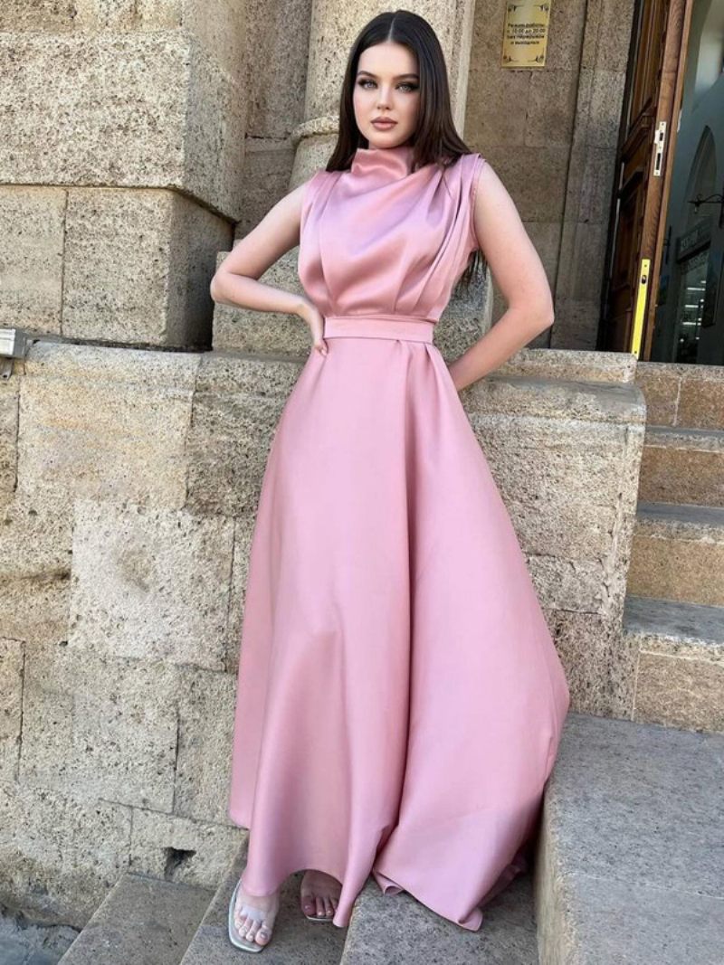 Robe Sans Manches Pour Femmes Ceinturée Plissée Robes Longues Bal Couleur Unie - Rose