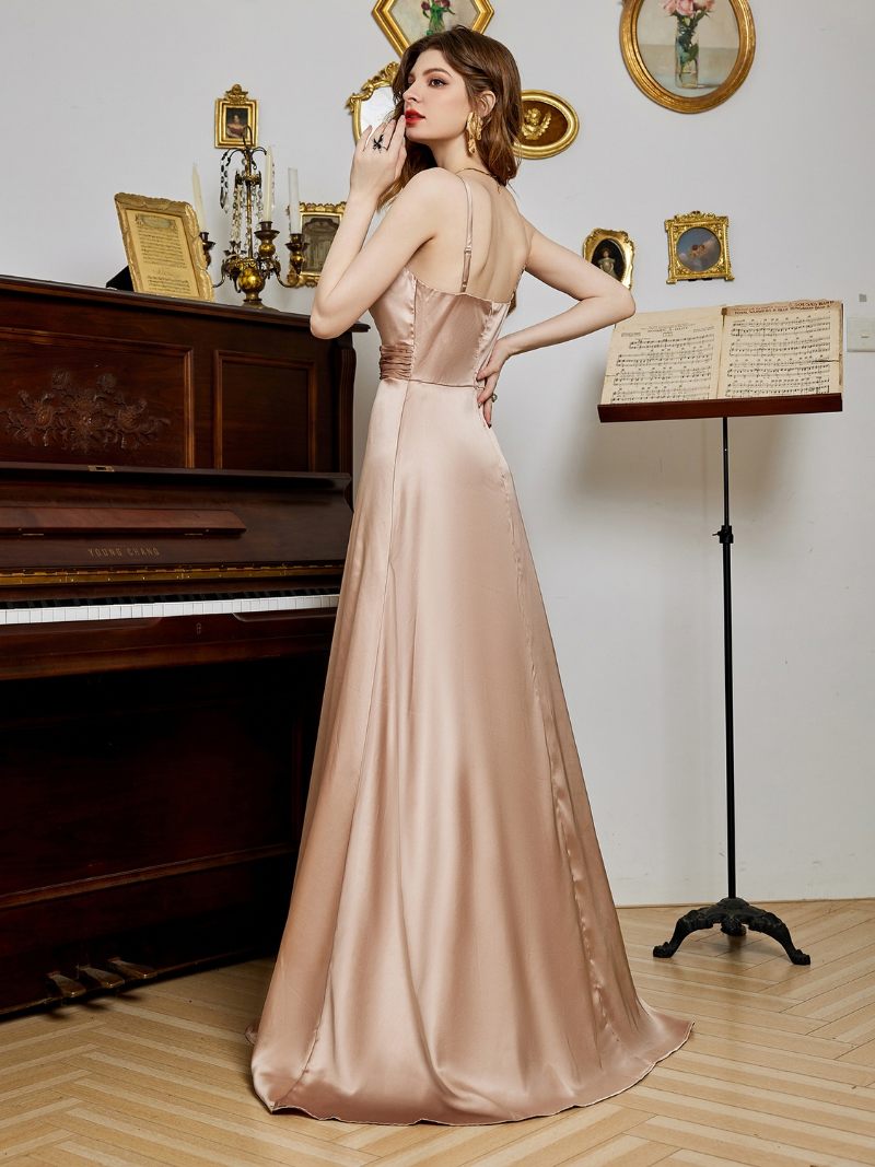 Robe Sans Manches Pour Femmes Col V Dos Nu Fête D'anniversaire Bal Robes Longues - Champagne