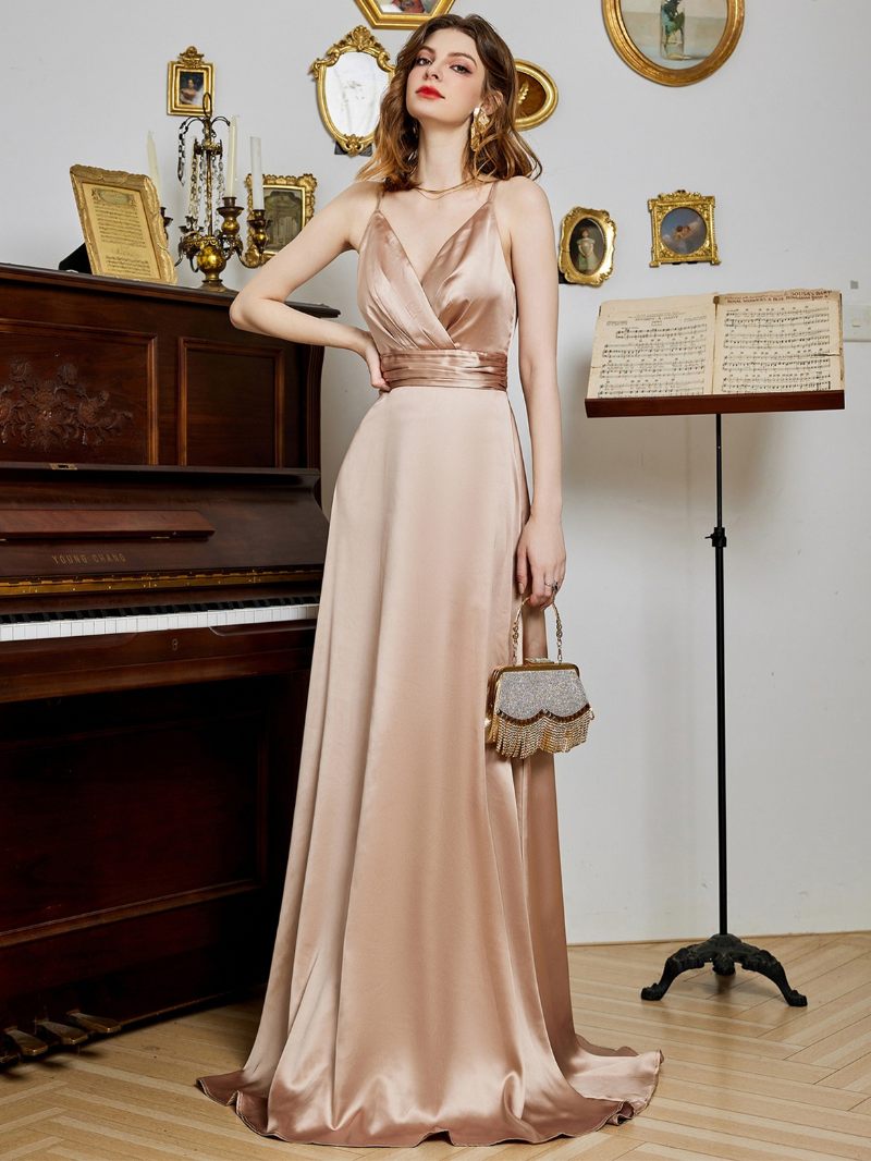 Robe Sans Manches Pour Femmes Col V Dos Nu Fête D'anniversaire Bal Robes Longues - Champagne