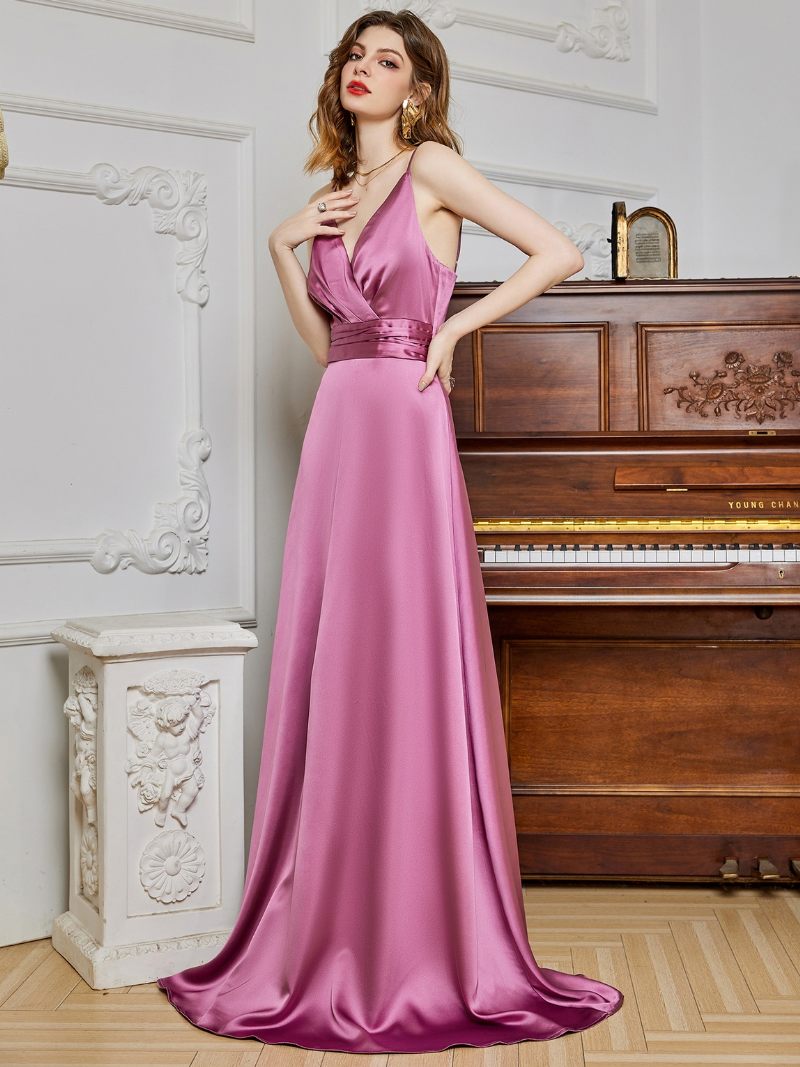 Robe Sans Manches Pour Femmes Col V Dos Nu Fête D'anniversaire Bal Robes Longues - Rose