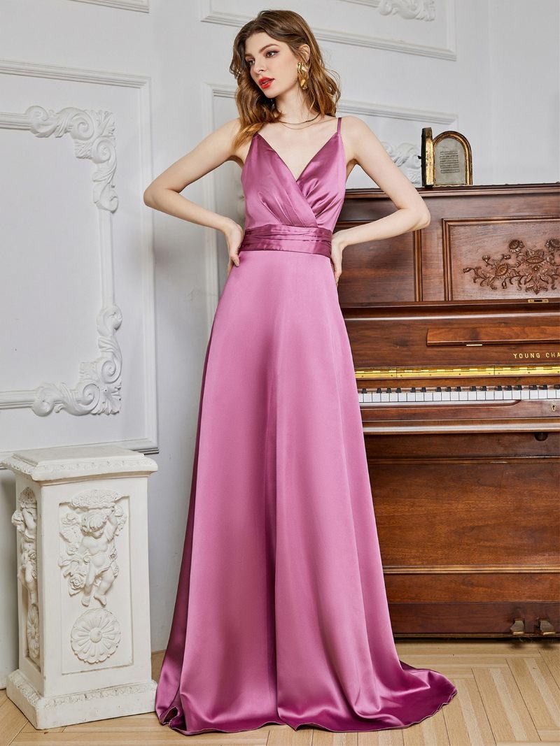 Robe Sans Manches Pour Femmes Col V Dos Nu Fête D'anniversaire Bal Robes Longues - Rose