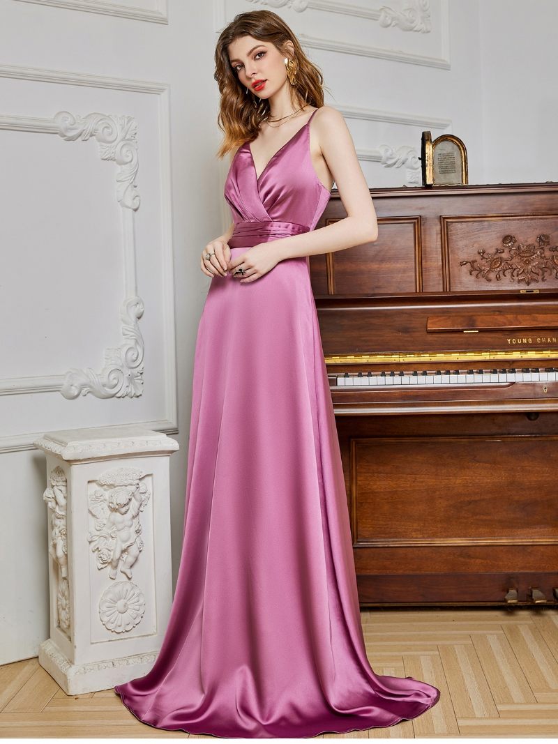 Robe Sans Manches Pour Femmes Col V Dos Nu Fête D'anniversaire Bal Robes Longues - Rose