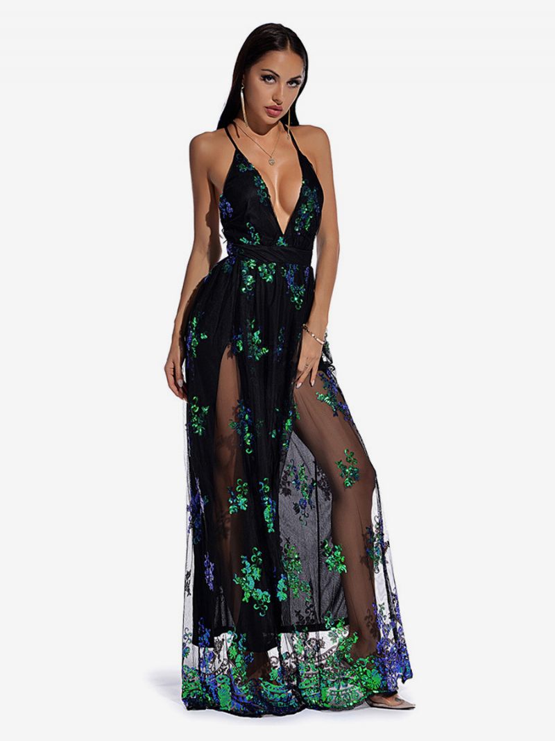 Robe Sexy Pour Femmes Bretelles Plongeantes Spaghetti Robes Longues Tulle Brodées - Vert