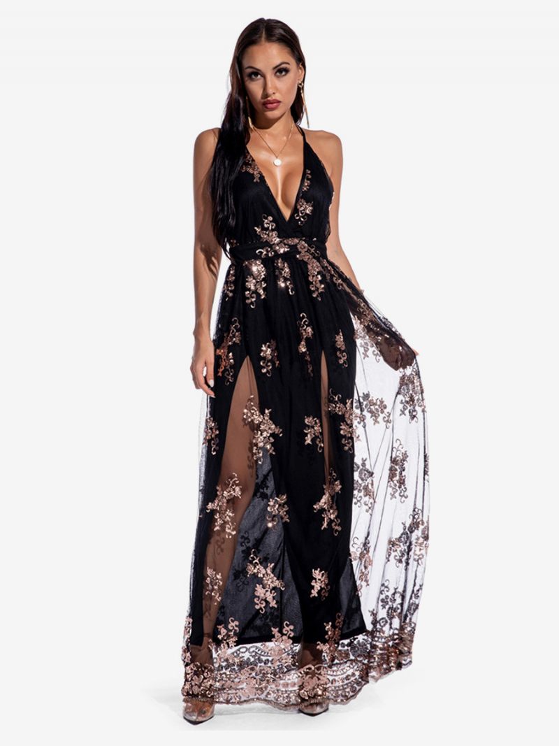 Robe Sexy Pour Femmes Bretelles Plongeantes Spaghetti Robes Longues Tulle Brodées - Noir