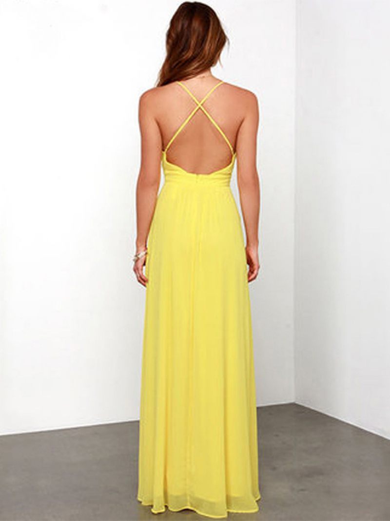 Robe Sexy Pour Femmes Dos Nu Bretelles Spaghetti Robes Bal Maxi - Jaune