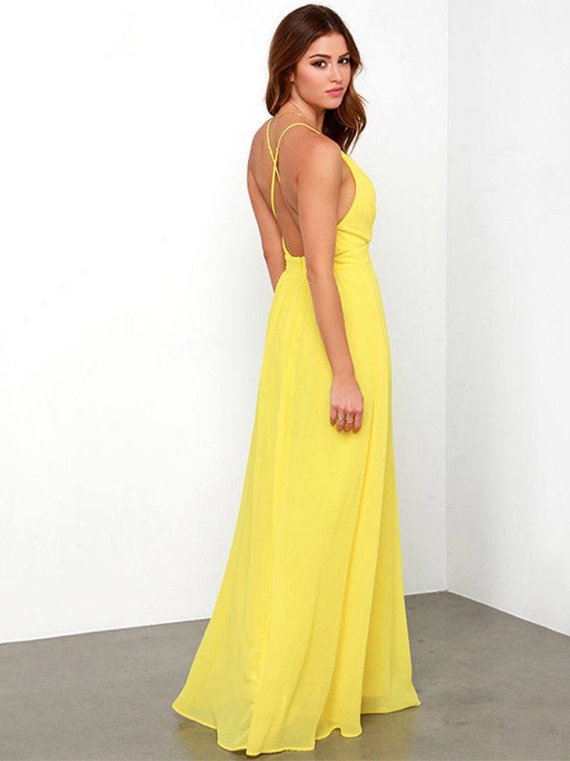 Robe Sexy Pour Femmes Dos Nu Bretelles Spaghetti Robes Bal Maxi - Jaune