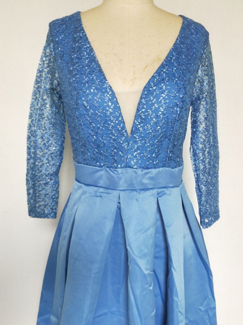 Robe Soirée D'anniversaire Bleu Ciel Clair Pour Femmes Col V Fente Haute Bal Froncée - Bleu Profond