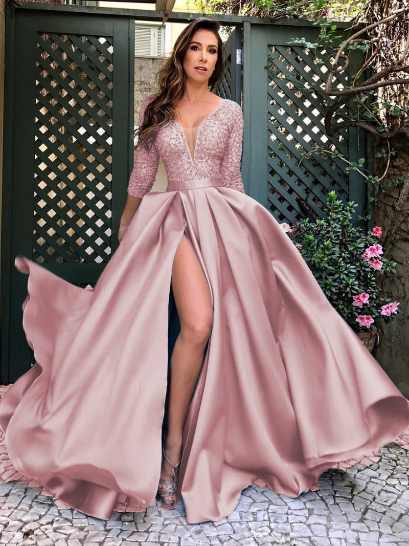 Robe Soirée D'anniversaire Bleu Ciel Clair Pour Femmes Col V Fente Haute Bal Froncée - Rose