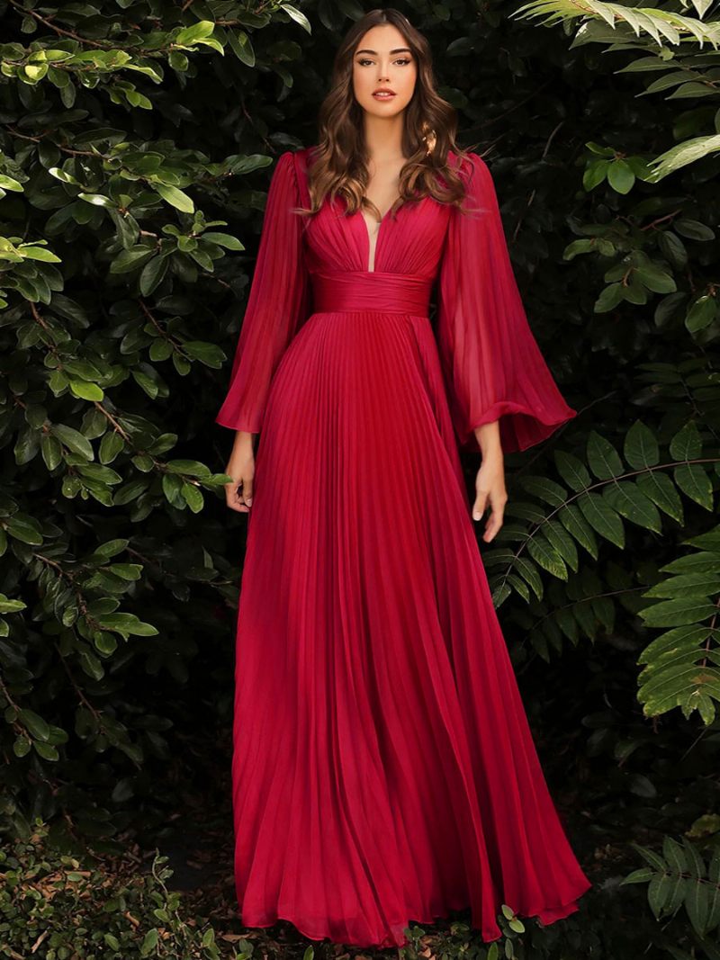 Robe Soirée D'anniversaire Plissée Pour Femmes Col V Manches Illusion Robes Longues Bal - Bourgogne