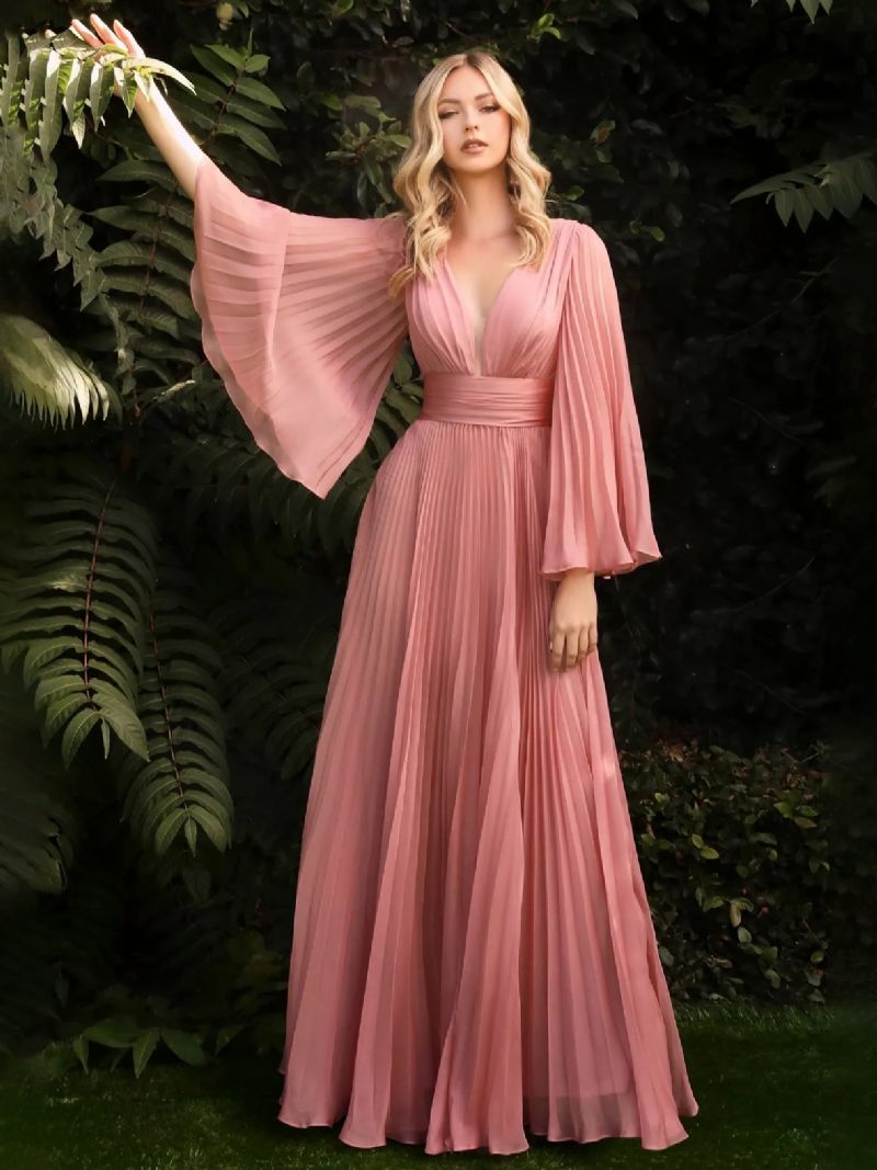 Robe Soirée D'anniversaire Plissée Pour Femmes Col V Manches Illusion Robes Longues Bal - Rose