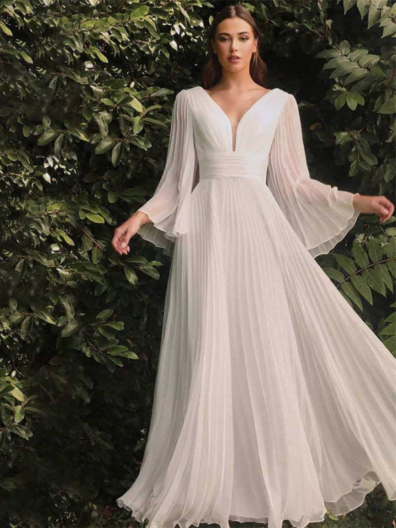 Robe Soirée D'anniversaire Plissée Pour Femmes Col V Manches Illusion Robes Longues Bal - Blanc